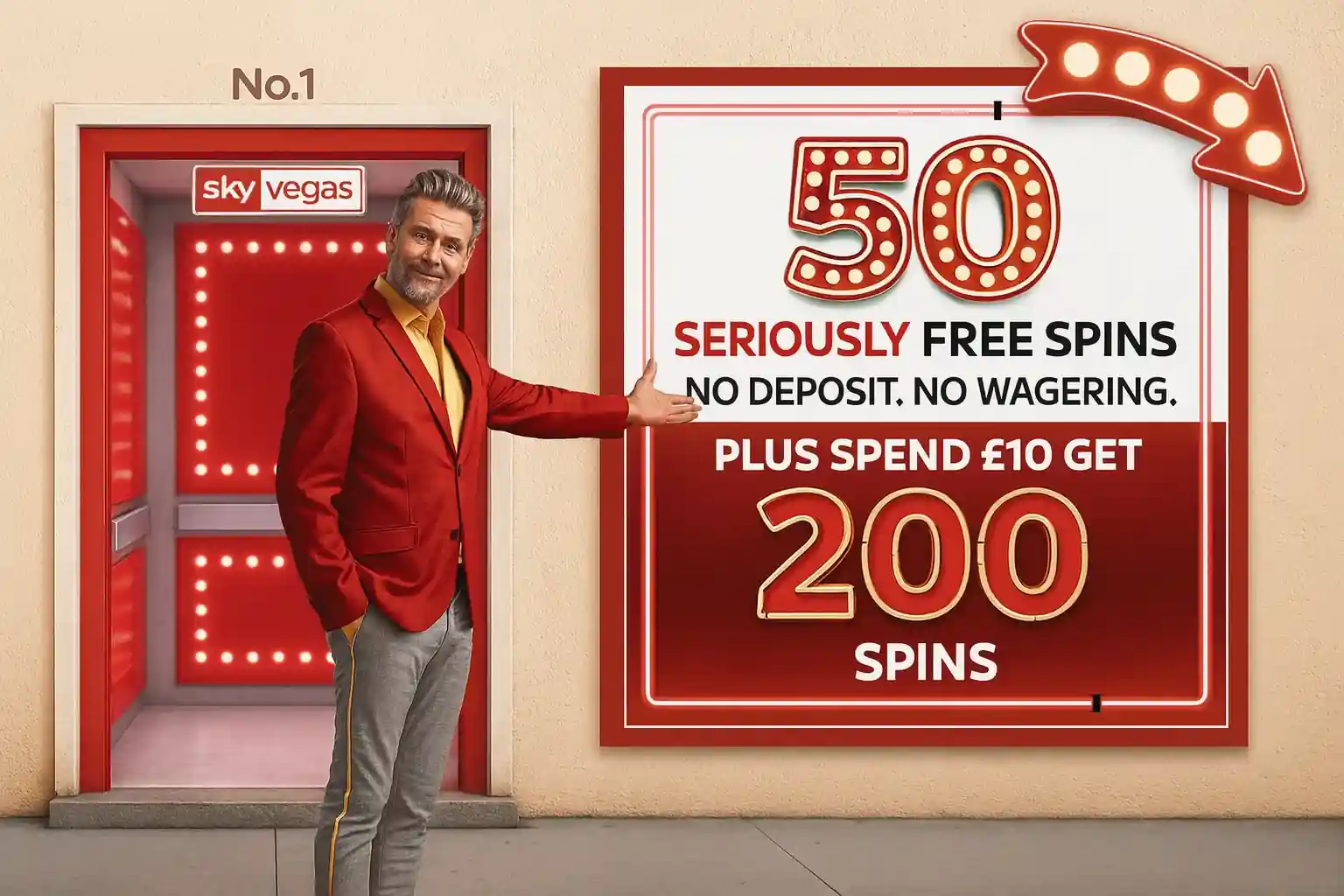 Man pointing at promo sign for 50 free spins and 200 spins bonus