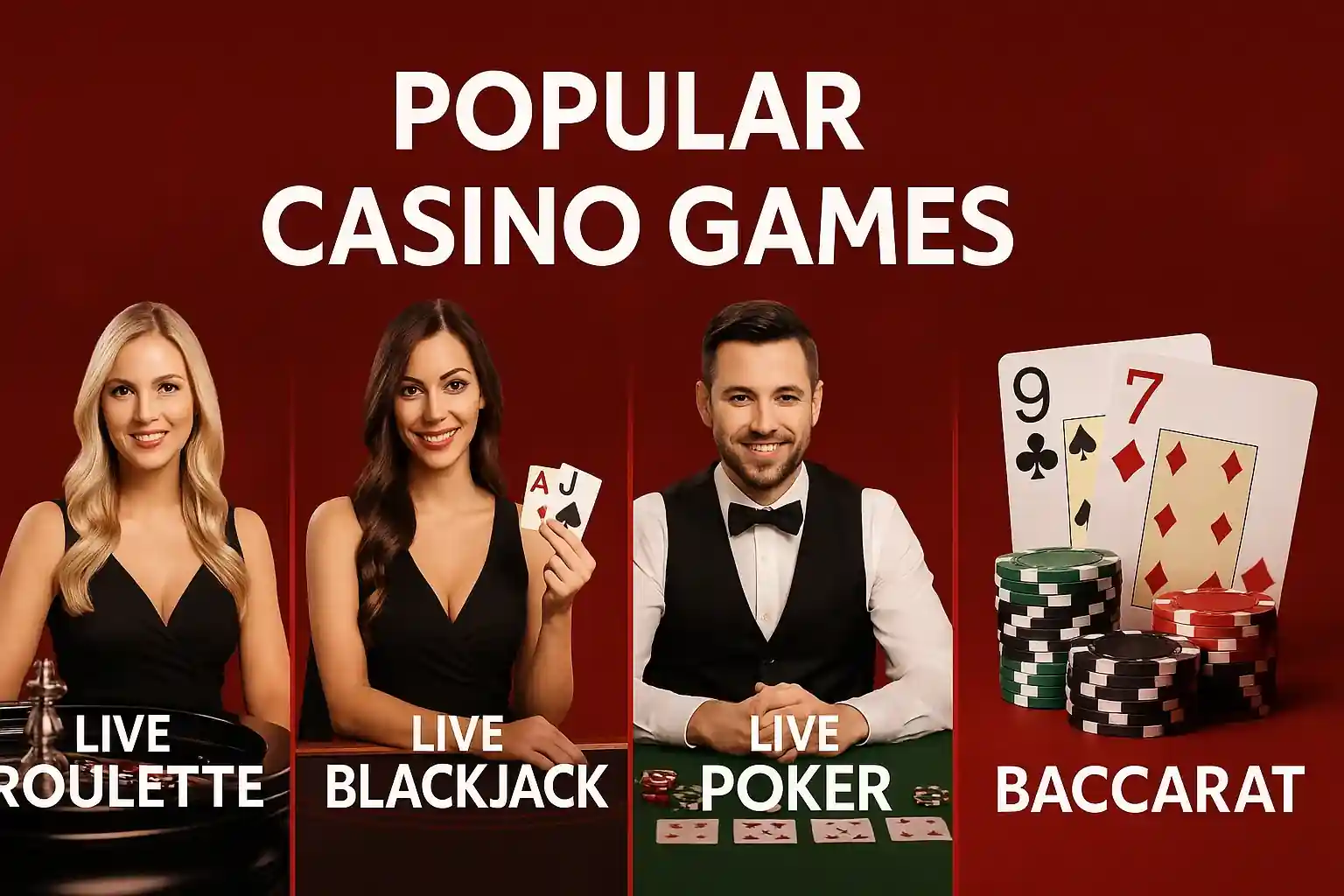 Live roulette, blackjack, poker and baccarat with dealers