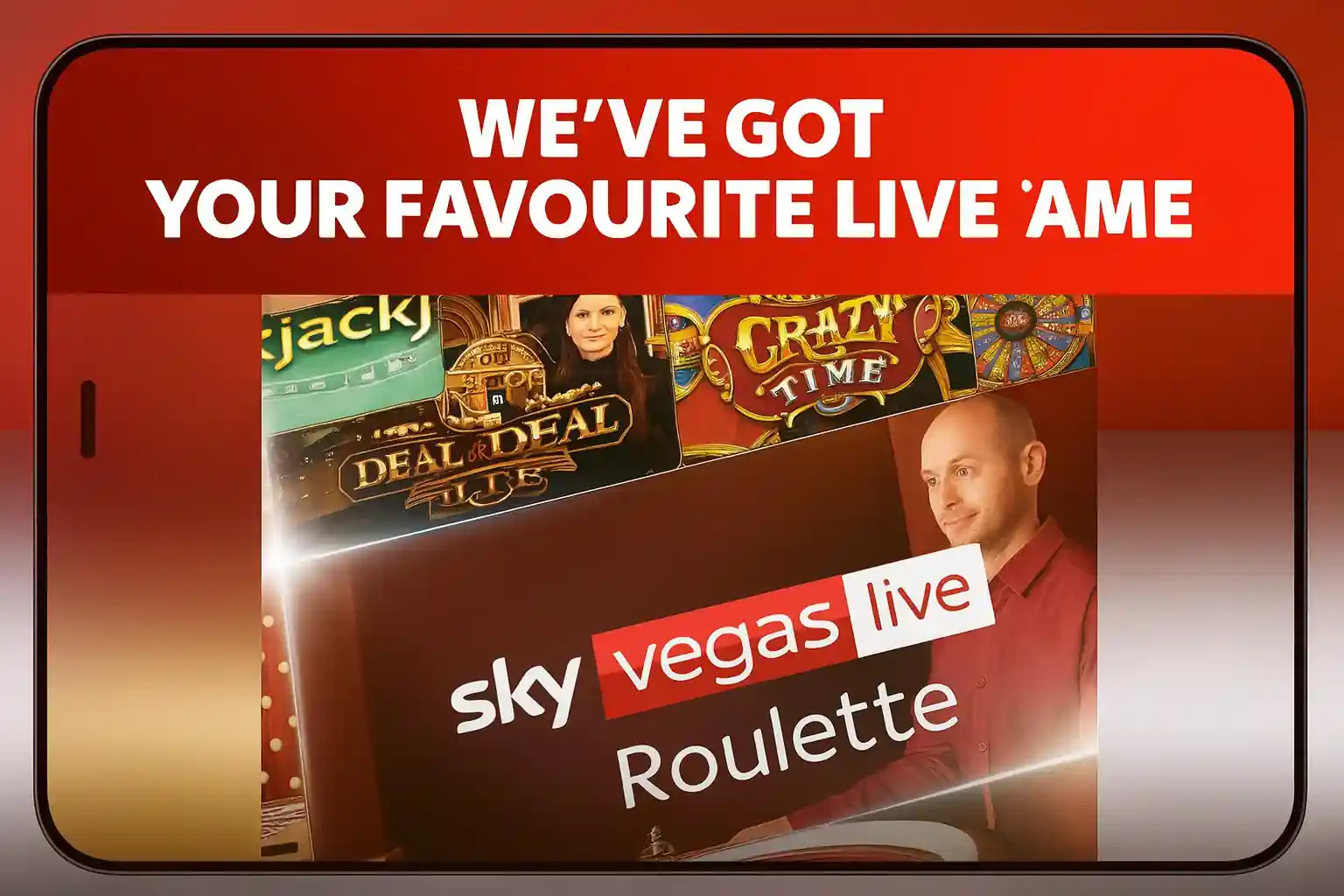 Mobile screen showing Sky Vegas live roulette game interface