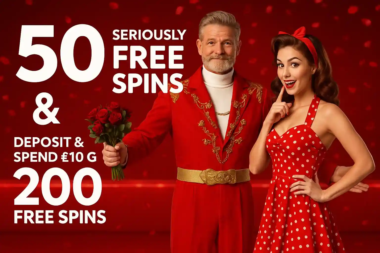 Man and woman promoting seriously free spins bonus offer