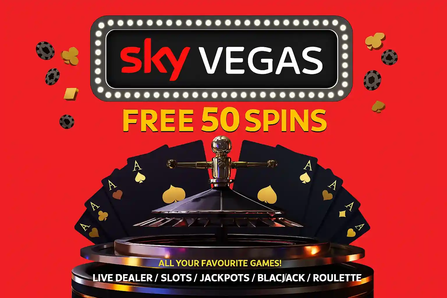 Sky Vegas free 50 spins promotion with poker cards and roulette