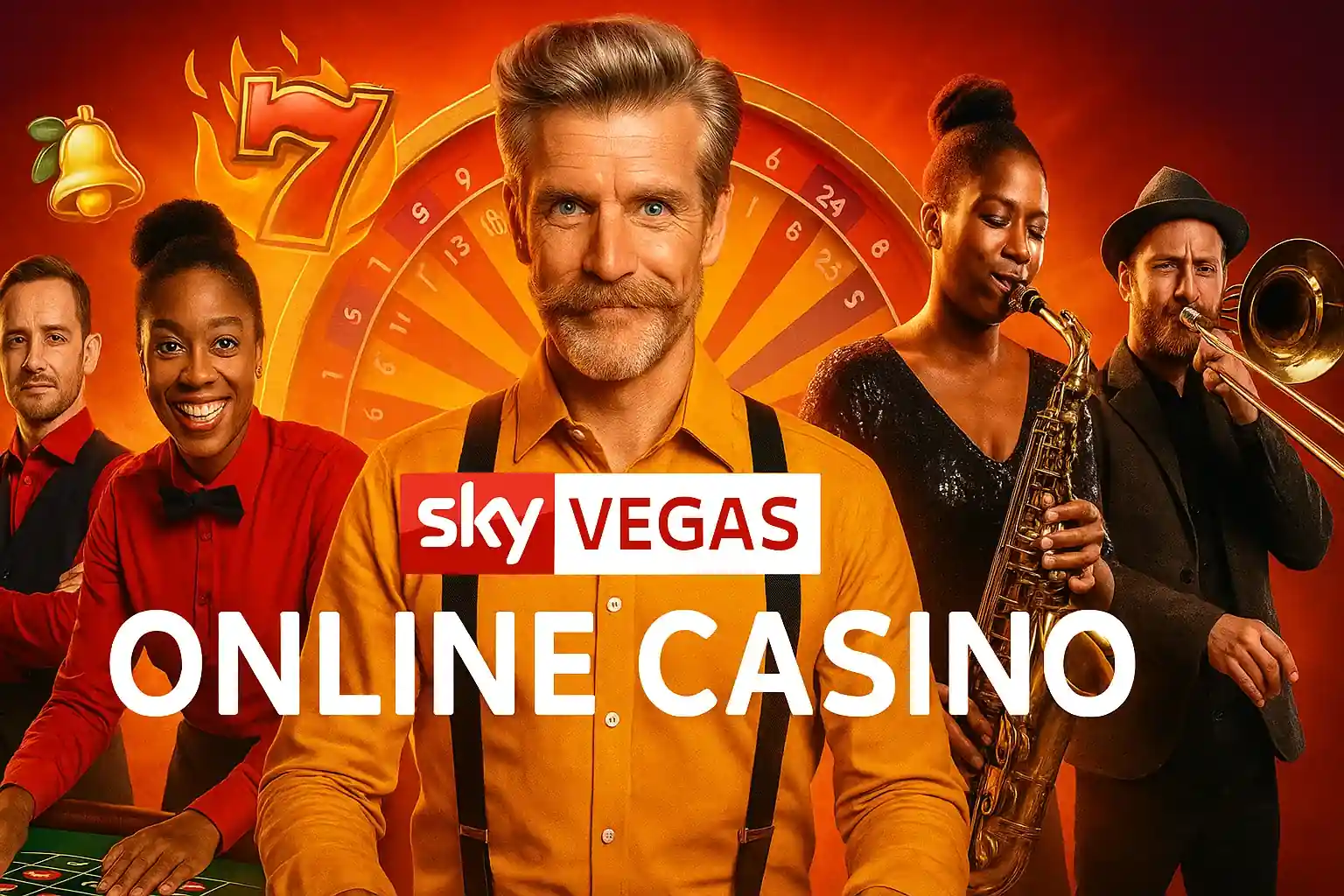 Group of people advertising Sky Vegas online casino with roulette wheel