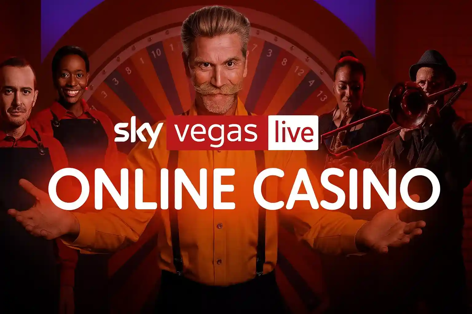 Male host with mustache presenting online casino with band in background