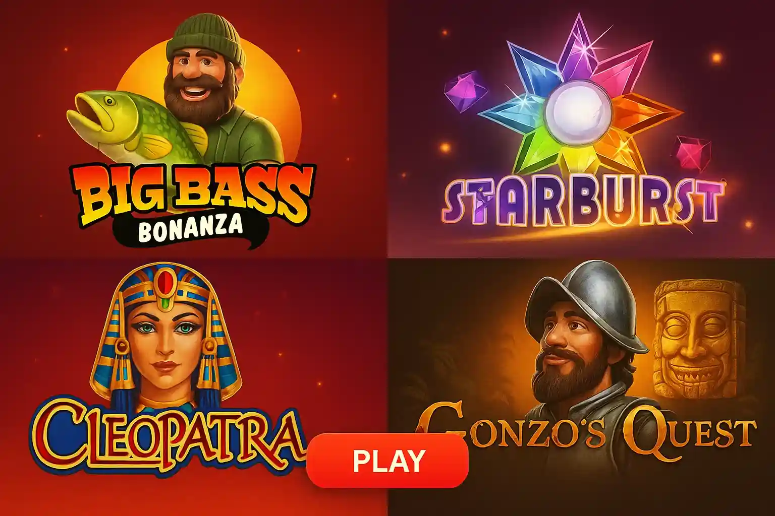 Big Bass Bonanza, Starburst, Cleopatra and Gonzo's Quest slots