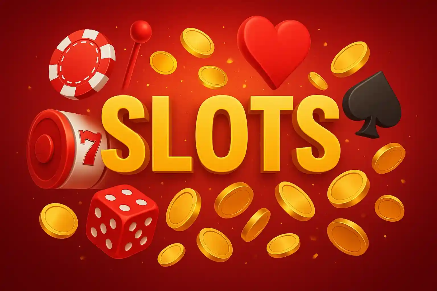 Bright slots title with dice, chips and coins icons on red background