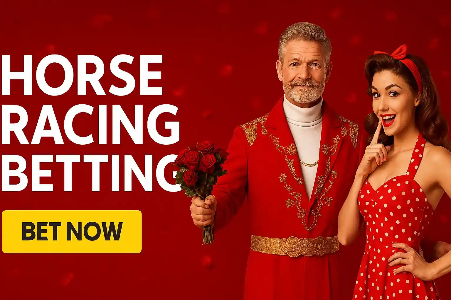 Man and woman by horse racing betting promo with bet now button