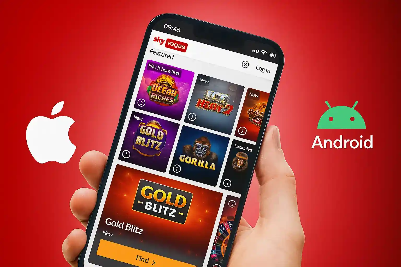 Mobile phone screen showing casino games available on Sky Vegas app